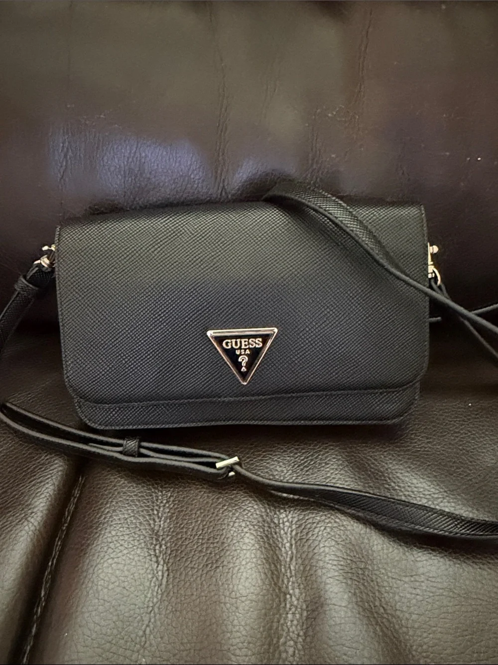 GUESS Black Crossbody with Gold Triangle Logo Accent